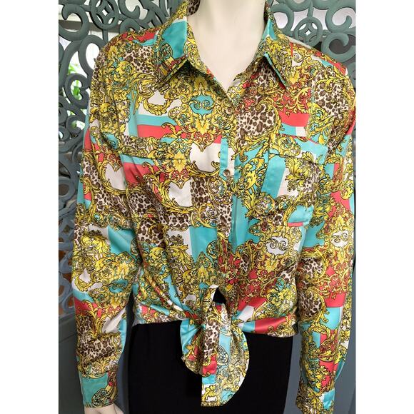 DEMOCRACY Button Front Blouse-Top-Graphic Print-Silky-Cheetah-Long Sleeve-Size L - Picture 5 of 8